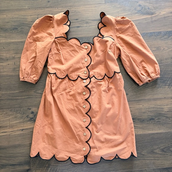 TCEC Scalloped Button Front Puff Sleeve Mini Dress Terracotta Orange Large - Picture 5 of 5